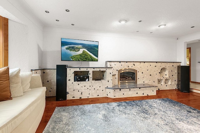 living room with a textured ceiling and dark hardwood / wood-style flooring