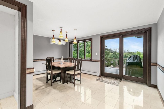 tiled dining room featuring a baseboard radiator and a healthy amount of sunlight