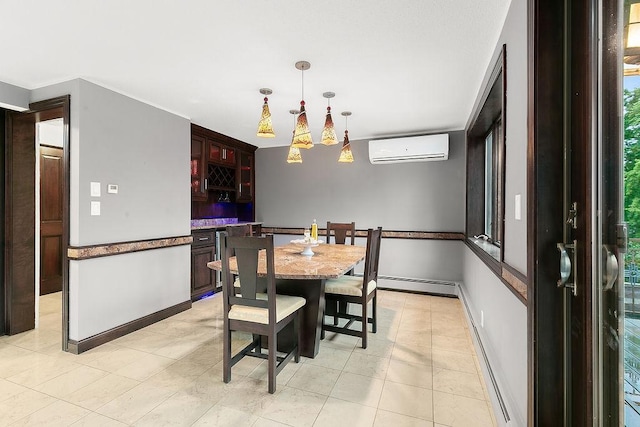 tiled dining area with a baseboard heating unit and a wall mounted air conditioner