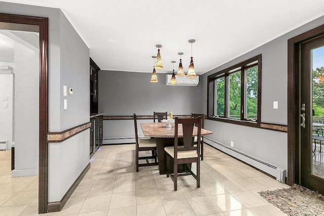 tiled dining space featuring baseboard heating, a wall unit AC, and a wealth of natural light