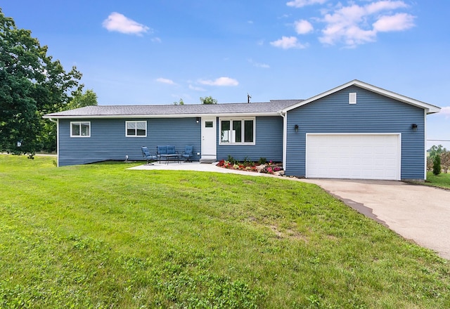 ranch-style home with a patio area, a garage, and a front lawn