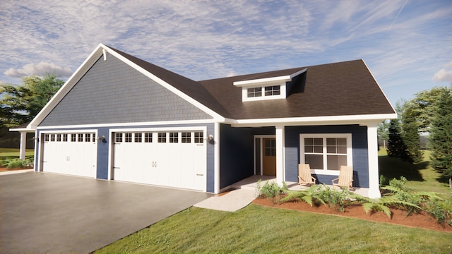 view of front facade with a garage, a front yard, a porch, and driveway