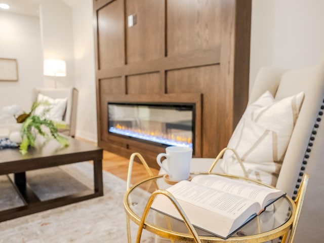 living area featuring a glass covered fireplace and wood finished floors