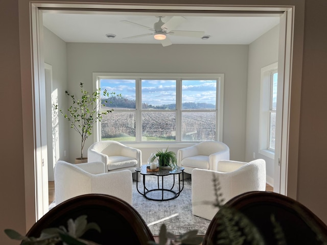 living room featuring a ceiling fan