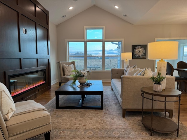 living room with a glass covered fireplace, lofted ceiling, wood finished floors, and a wealth of natural light