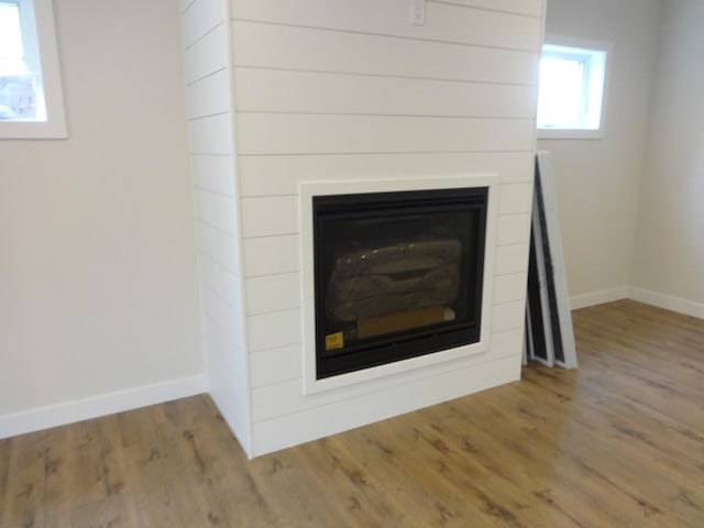 room details with baseboards, wood finished floors, and a fireplace