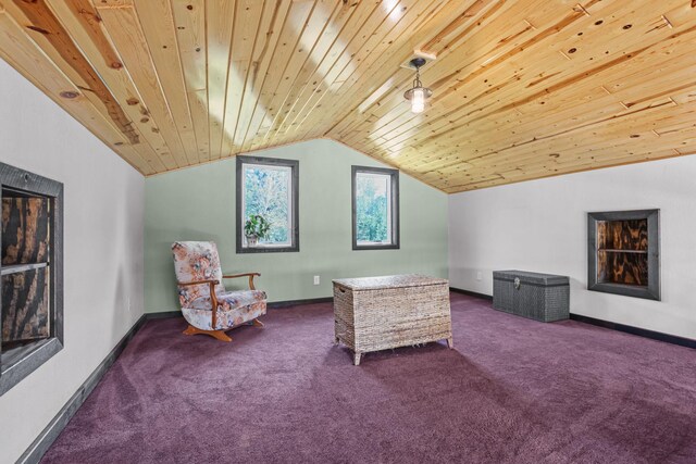 sitting room featuring vaulted ceiling, wood ceiling, and carpet floors