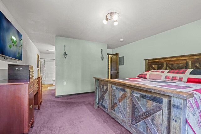 bedroom with carpet floors and connected bathroom