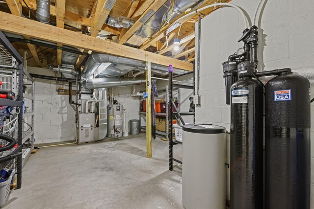 basement with heating unit and gas water heater