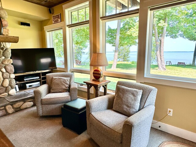 living area with a water view, baseboards, and carpet