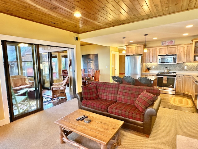 living room featuring wooden ceiling, light carpet, and recessed lighting