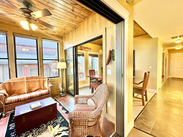 sunroom featuring wooden ceiling and ceiling fan