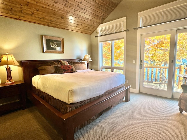 carpeted bedroom featuring vaulted ceiling, wooden ceiling, multiple windows, and access to exterior