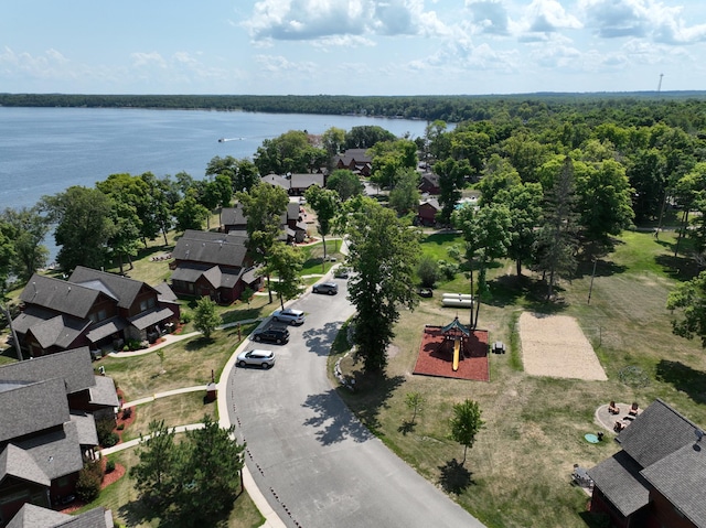 birds eye view of property featuring a water view and a residential view