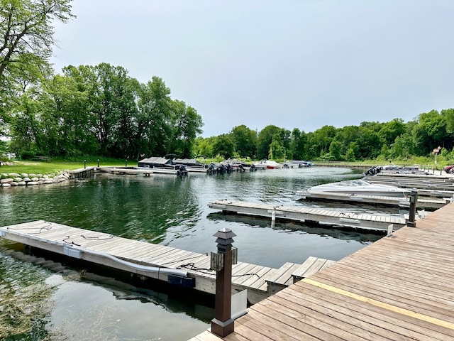 view of dock featuring a water view and a view of trees