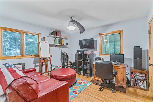 office area featuring ceiling fan and wood finished floors