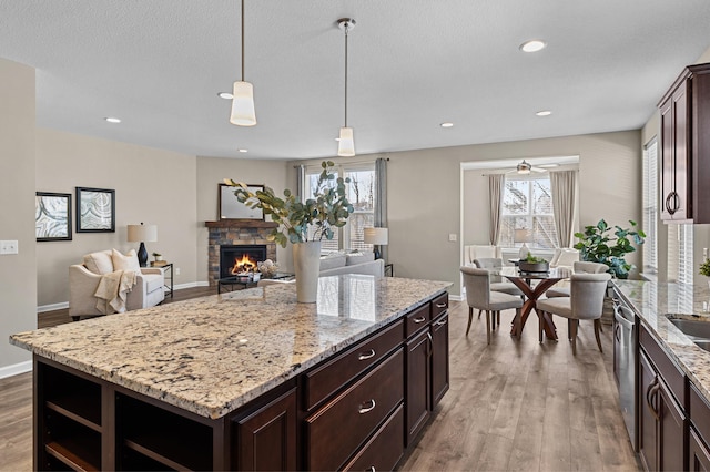 kitchen featuring open floor plan, a stone fireplace, plenty of natural light, and dishwasher