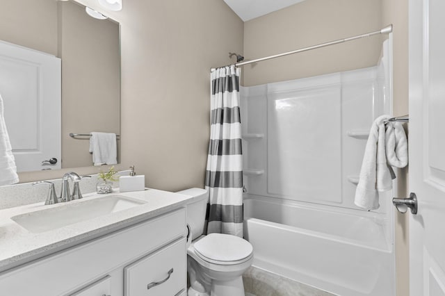 bathroom featuring shower / bath combination with curtain, vanity, and toilet