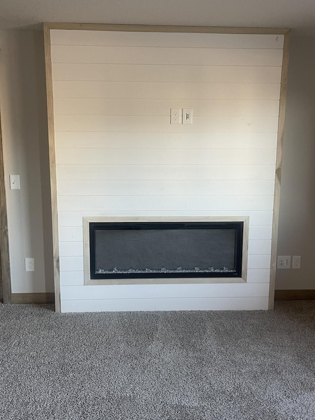 room details with carpet flooring and a fireplace