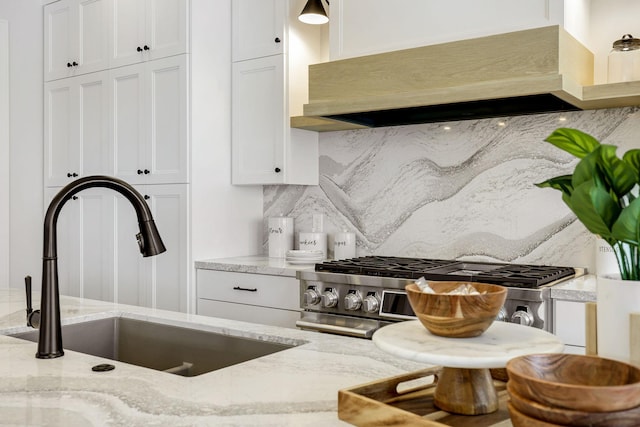 kitchen with tasteful backsplash, white cabinetry, a sink, light stone countertops, and premium range hood