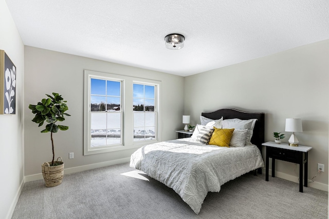 bedroom featuring carpet, baseboards, and a textured ceiling