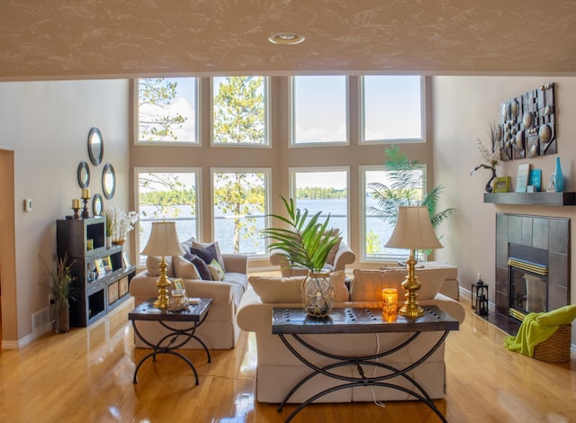 living room featuring a wealth of natural light, light hardwood / wood-style flooring, a water view, and a fireplace