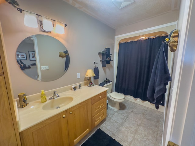 bathroom featuring walk in shower, toilet, a textured ceiling, and vanity