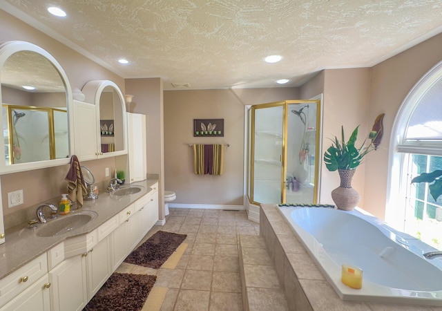 full bathroom featuring vanity, toilet, and independent shower and bath