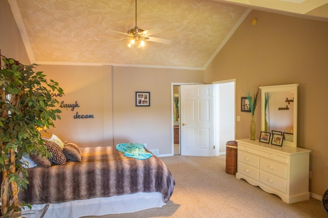 carpeted bedroom with lofted ceiling, ceiling fan, and crown molding