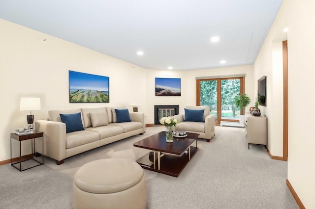 living room with light colored carpet