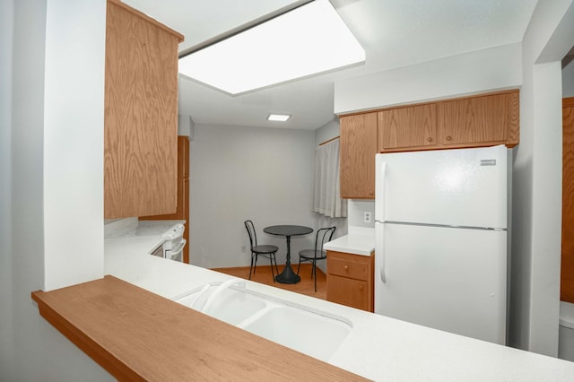 kitchen with hardwood / wood-style floors and white refrigerator