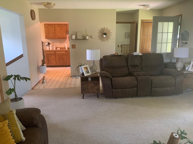 living room featuring light colored carpet