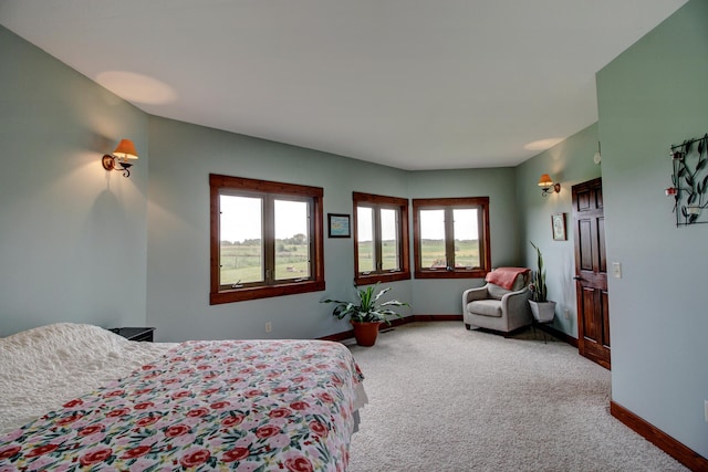 bedroom with light carpet, multiple windows, and baseboards