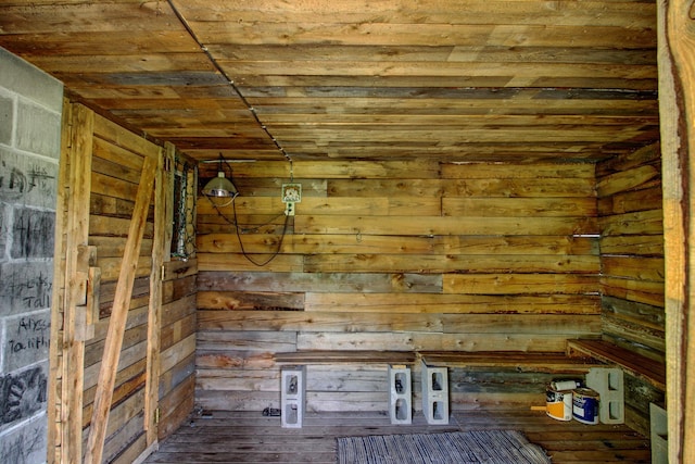 interior space with wood ceiling and wood walls