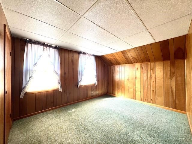 bonus room with carpet floors and wooden walls