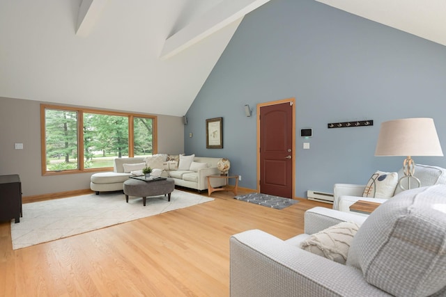 living room featuring beam ceiling, high vaulted ceiling, a baseboard heating unit, and wood finished floors