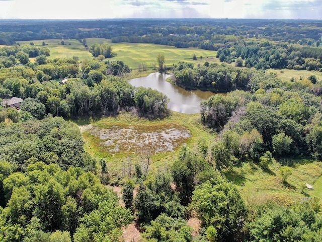 birds eye view of property featuring a water view and a wooded view