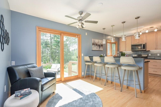 living area featuring baseboards, a ceiling fan, and light wood-style floors