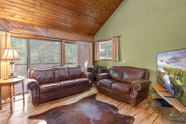 living room with light wood-type flooring, high vaulted ceiling, and wood ceiling