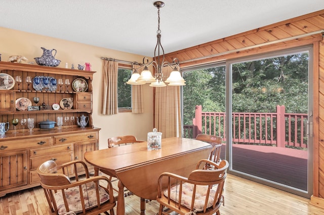 dining room with an inviting chandelier, wood walls, light hardwood / wood-style flooring, and a healthy amount of sunlight