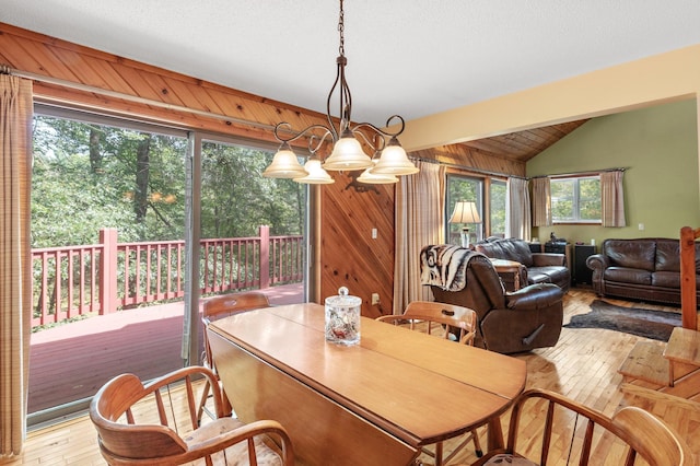 dining room featuring wood walls, lofted ceiling, a healthy amount of sunlight, and light wood-type flooring