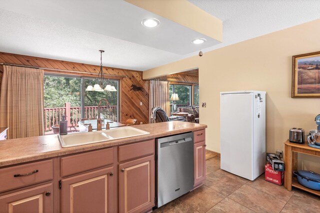 kitchen with sink, wood walls, dishwasher, and plenty of natural light