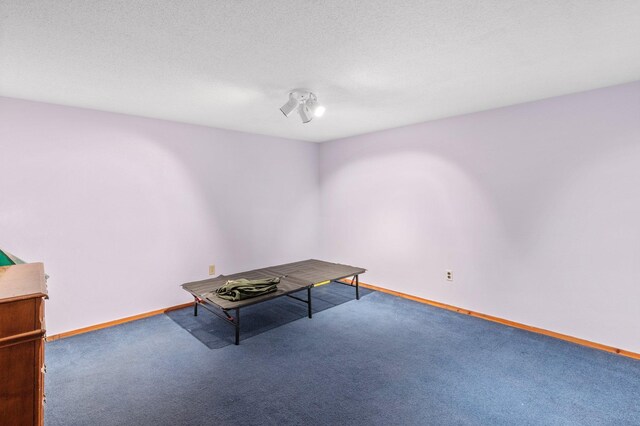 recreation room with carpet flooring and a textured ceiling