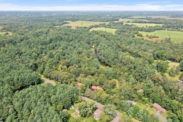 birds eye view of property featuring a forest view