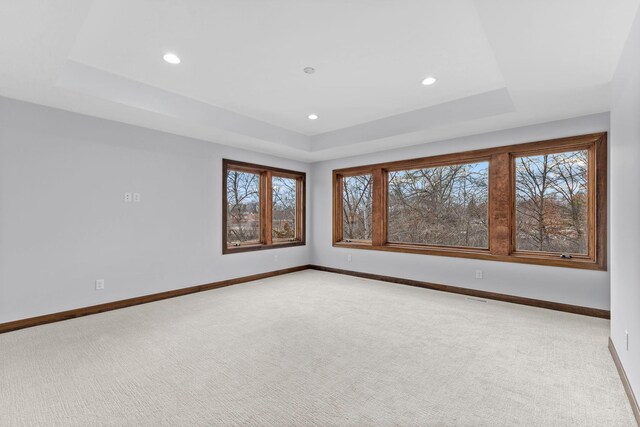 carpeted empty room featuring a tray ceiling