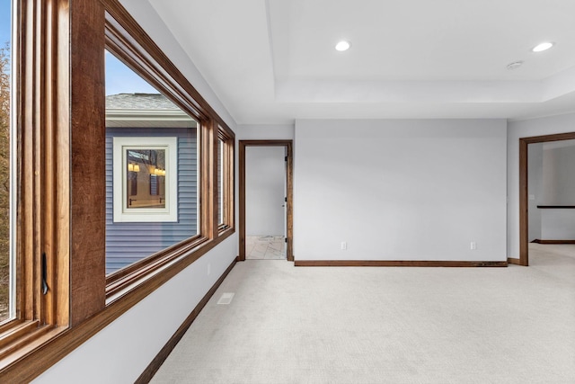 interior space with a raised ceiling and light colored carpet