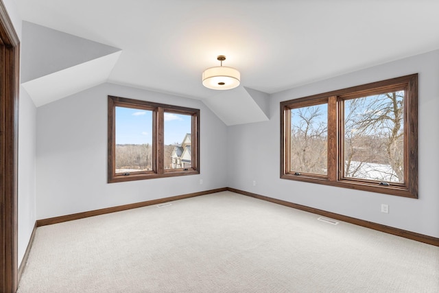 additional living space featuring light colored carpet and lofted ceiling