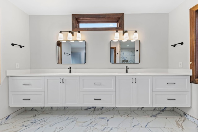 5534 Conifer Trl, Minnetonka, MN 55345 - bathroom featuring marble finish flooring, double vanity, and a shower