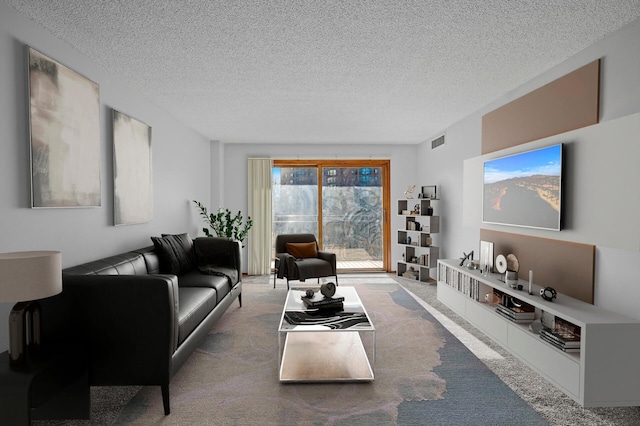 carpeted living room with a textured ceiling