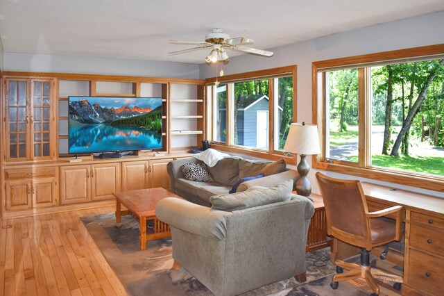 living room with ceiling fan and light wood-type flooring